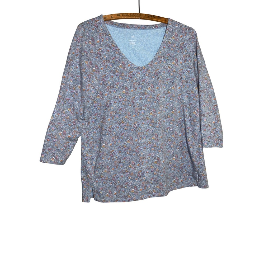J. Jill Forward-Seam Tee Blue Paisley Floral V-Neck 3/4 Sleeve Top Small